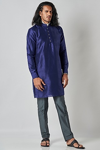 Navy Blue Raw Silk Kurta Set by Bubber Blu