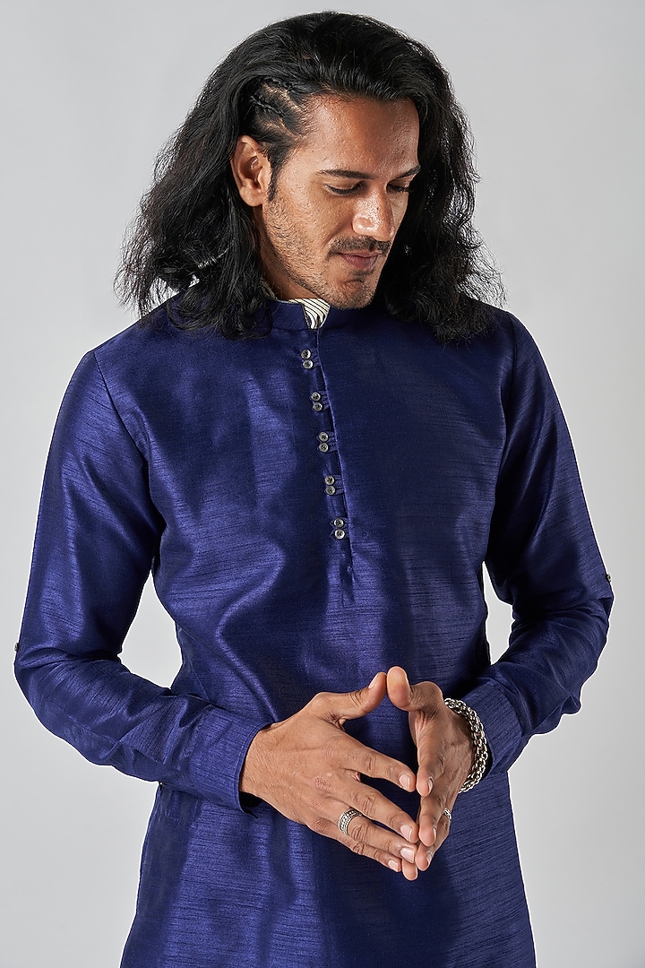 Navy Blue Raw Silk Kurta Set by Bubber Blu at Pernia's Pop Up Shop