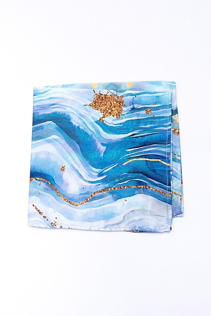 White & Blue Poly Silk Printed Pocket Square by Bubber Blu