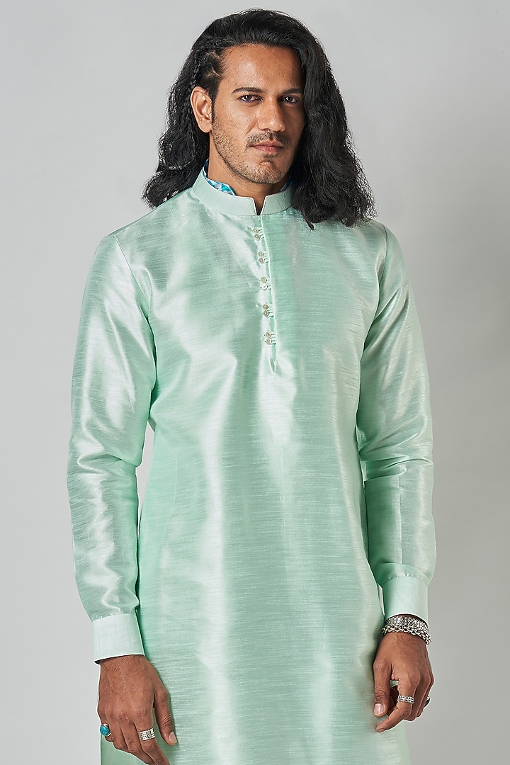 Mint Raw Silk Kurta Set by Bubber Blu at Pernia's Pop Up Shop