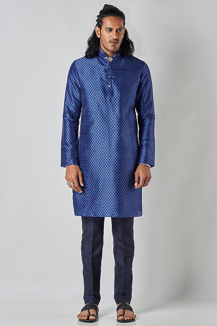 Navy Blue Poly Raw Silk Printed Kurta Set by Bubber Blu