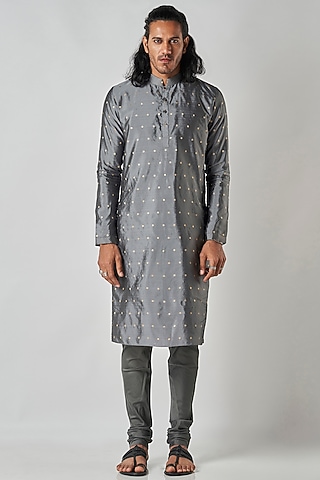 Grey Art Brocade Kurta Set by Bubber Blu