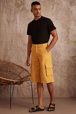 Beige Cotton Canvas Cargo Shorts by BLUEHOUR