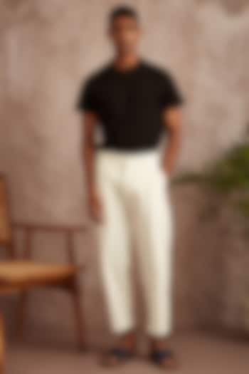 White Cotton Twill Pleated Pants by BLUEHOUR at Pernia's Pop Up Shop