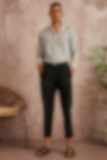 Black Cotton Twill Pleated Pants by BLUEHOUR at Pernia's Pop Up Shop