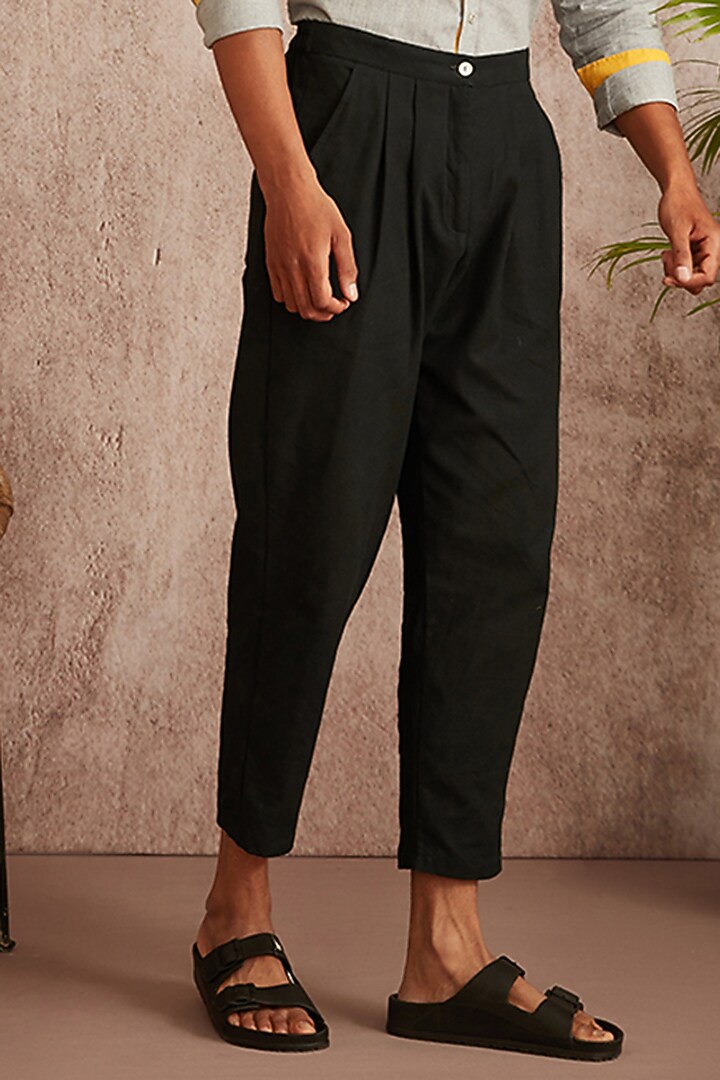 Black Cotton Twill Pleated Pants by BLUEHOUR at Pernia's Pop Up Shop