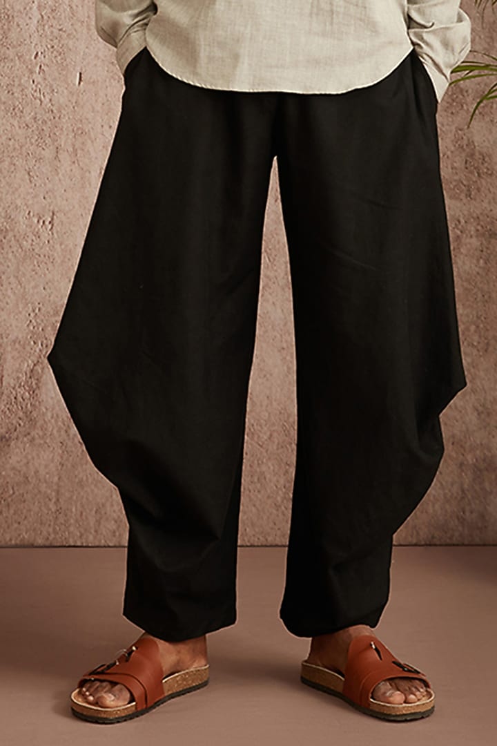 Black Cotton Flax Harem Pants by BLUEHOUR at Pernia's Pop Up Shop