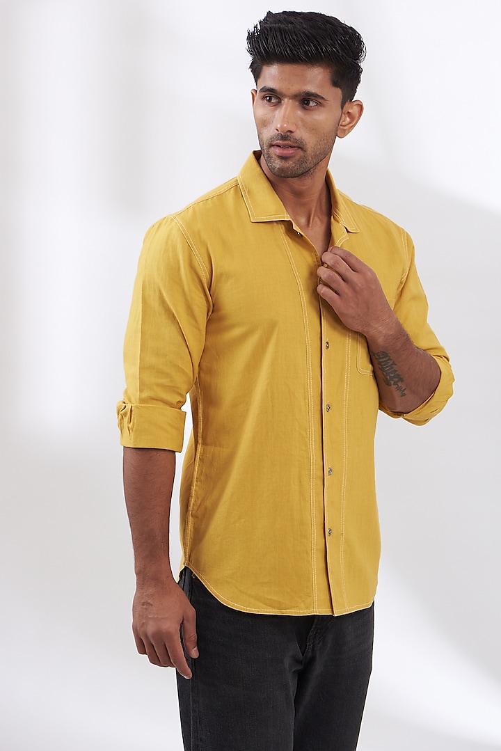 Yellow Cotton Flex Shirt by BLUEHOUR