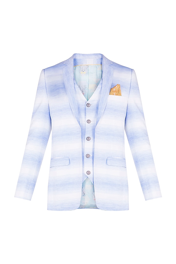 Blue Cyan & Oatmeal Colored Striped Jacket With Attached Waistcoat by Bubber Couture