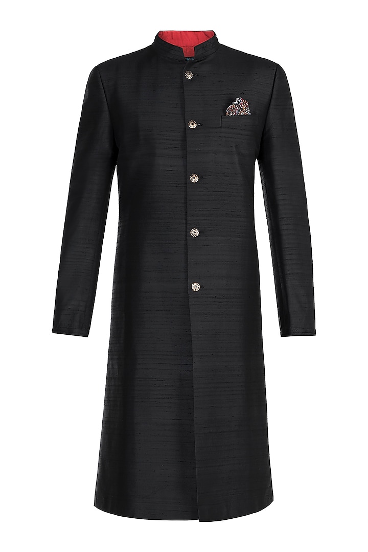 Black Sherwani Kurta With Gold Buttons by Bubber Couture