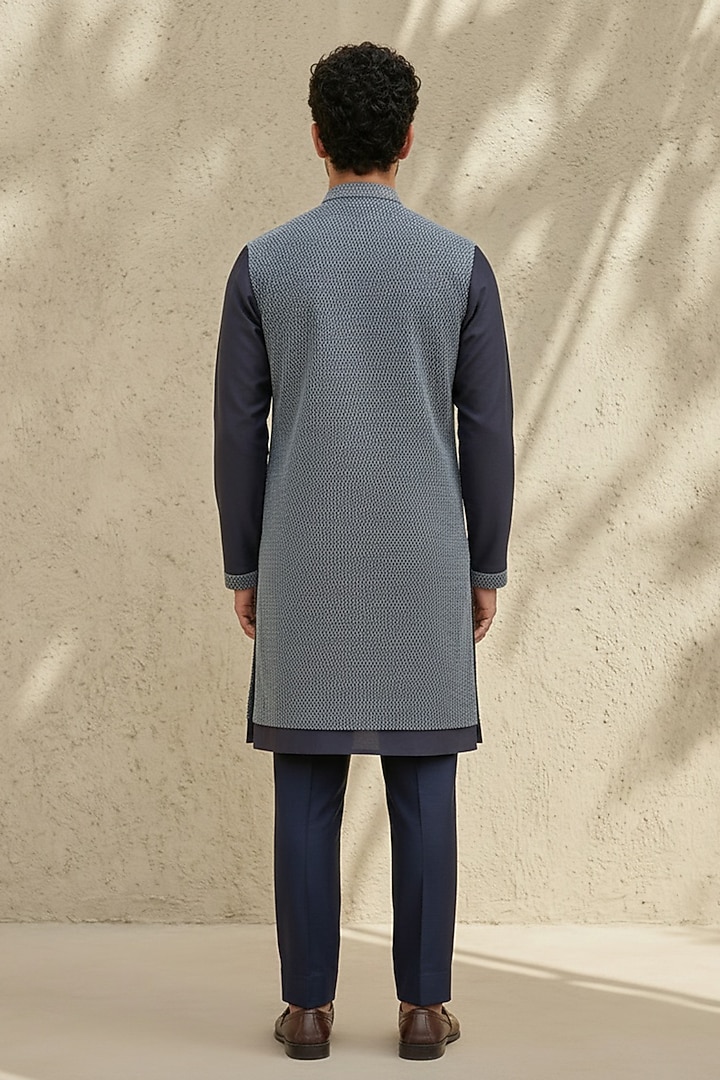 Navy Blue Cotton Silk Embroidered Kurta Set by Bubber Couture at Pernia's Pop Up Shop