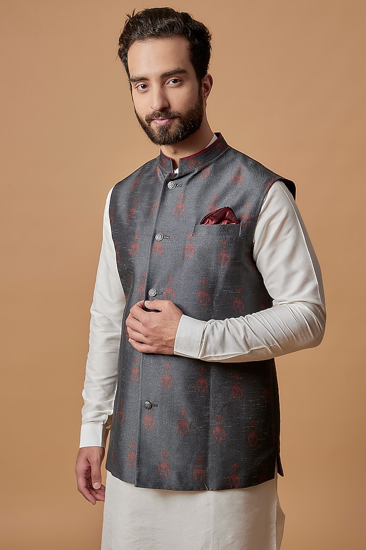Grey Flat Raw Silk Digital Printed Bundi Jacket by Bubber Couture at Pernia's Pop Up Shop