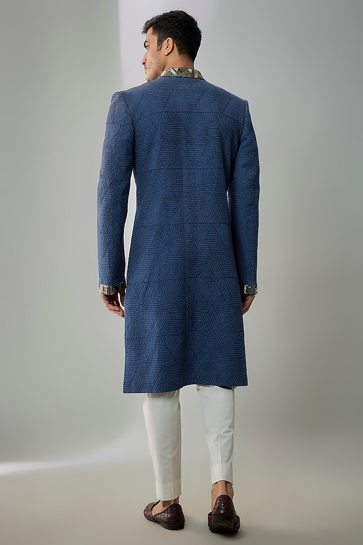 Navy Blue Matka Silk Chevron Embroidered & Geometric Printed Groom Sherwani by Bubber Couture at Pernia's Pop Up Shop