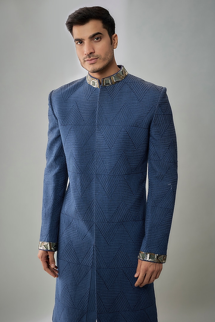 Navy Blue Matka Silk Chevron Embroidered & Geometric Printed Groom Sherwani by Bubber Couture at Pernia's Pop Up Shop