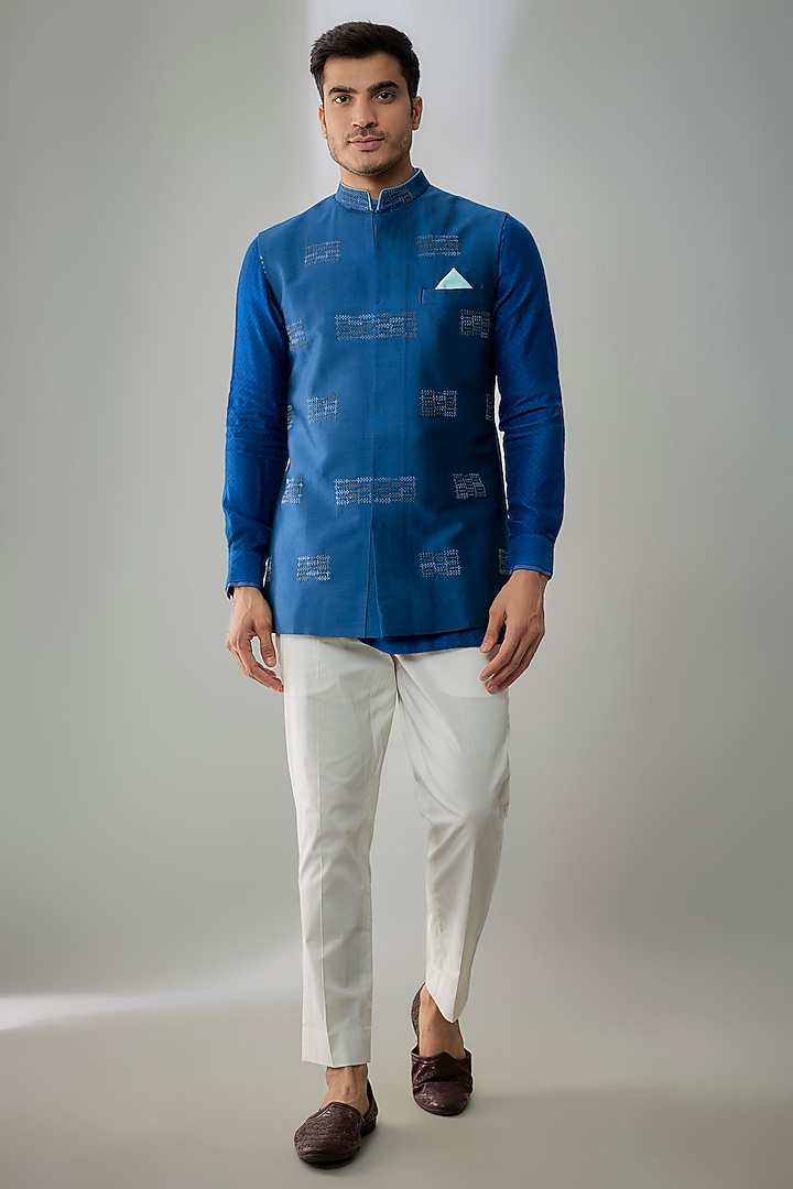 Teal Blue Silk Hand & Machine Embroidered Bundi Jacket by Bubber Couture at Pernia's Pop Up Shop