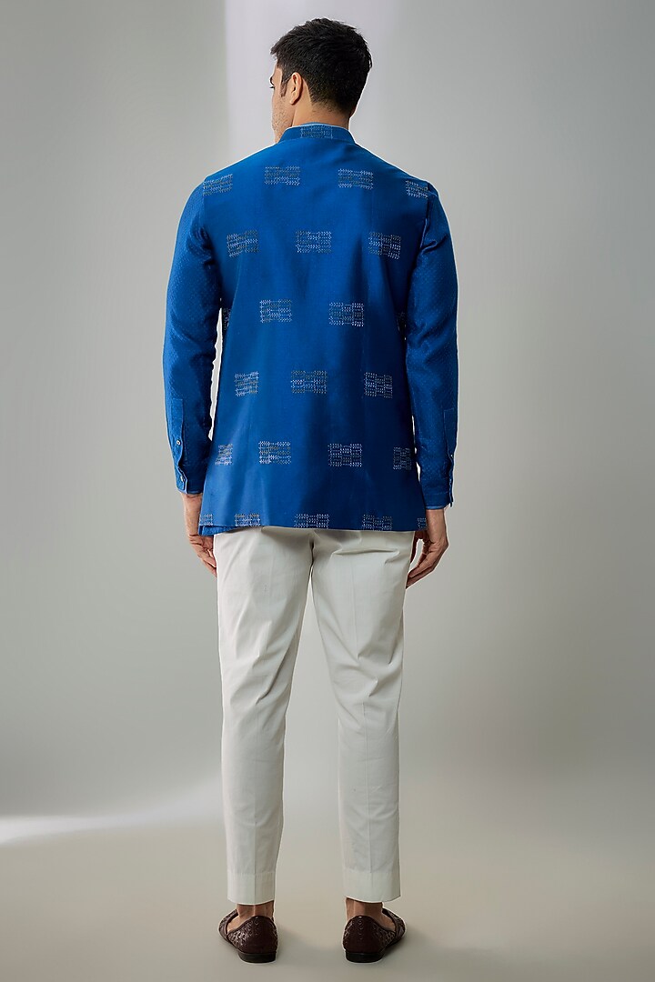 Teal Blue Silk Hand & Machine Embroidered Bundi Jacket by Bubber Couture at Pernia's Pop Up Shop
