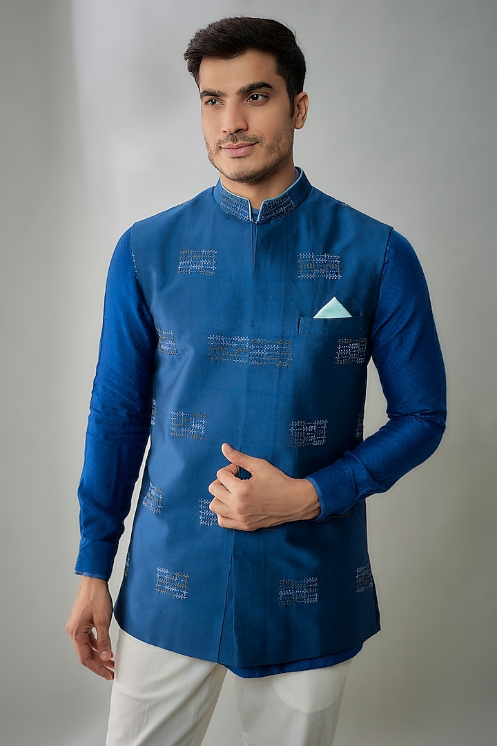 Teal Blue Silk Hand & Machine Embroidered Bundi Jacket by Bubber Couture