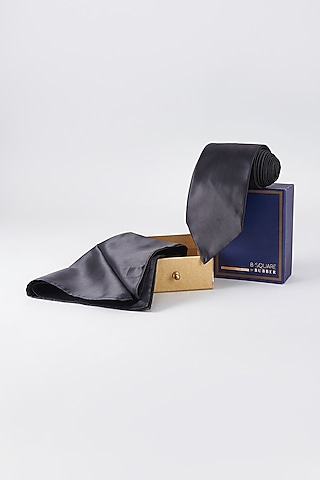 Black Sherry Satin Necktie & Pocket Square (Set of 2) by Bubber Couture