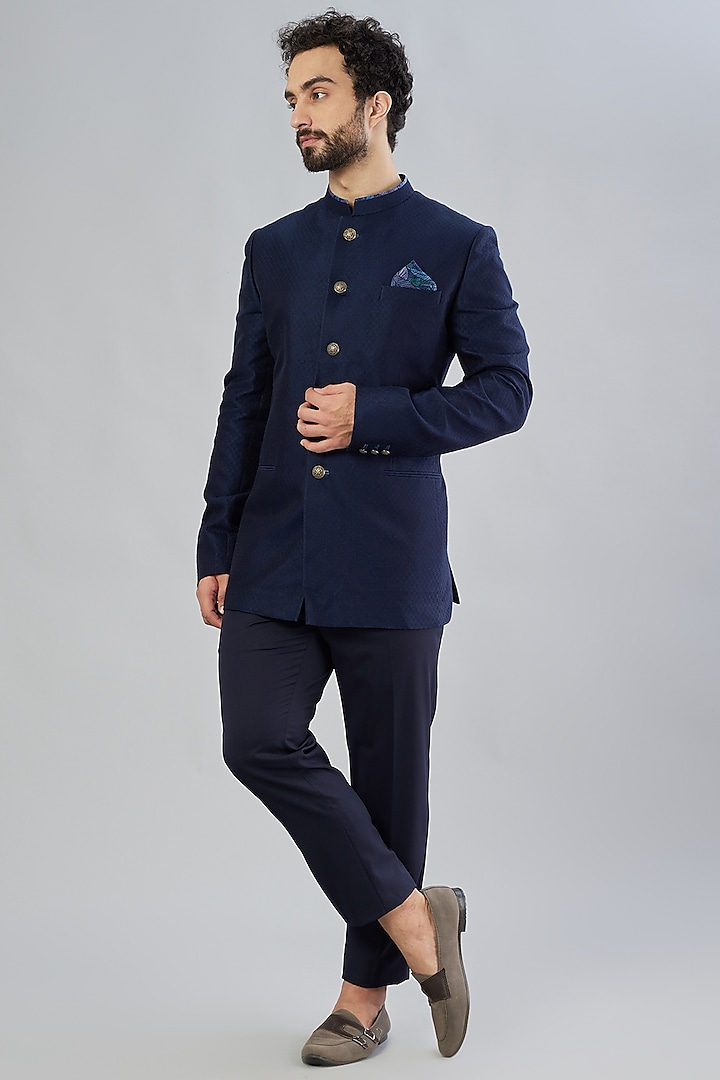 Navy Blue Jacquard Silk Bandhgala Jacket by Bubber Couture