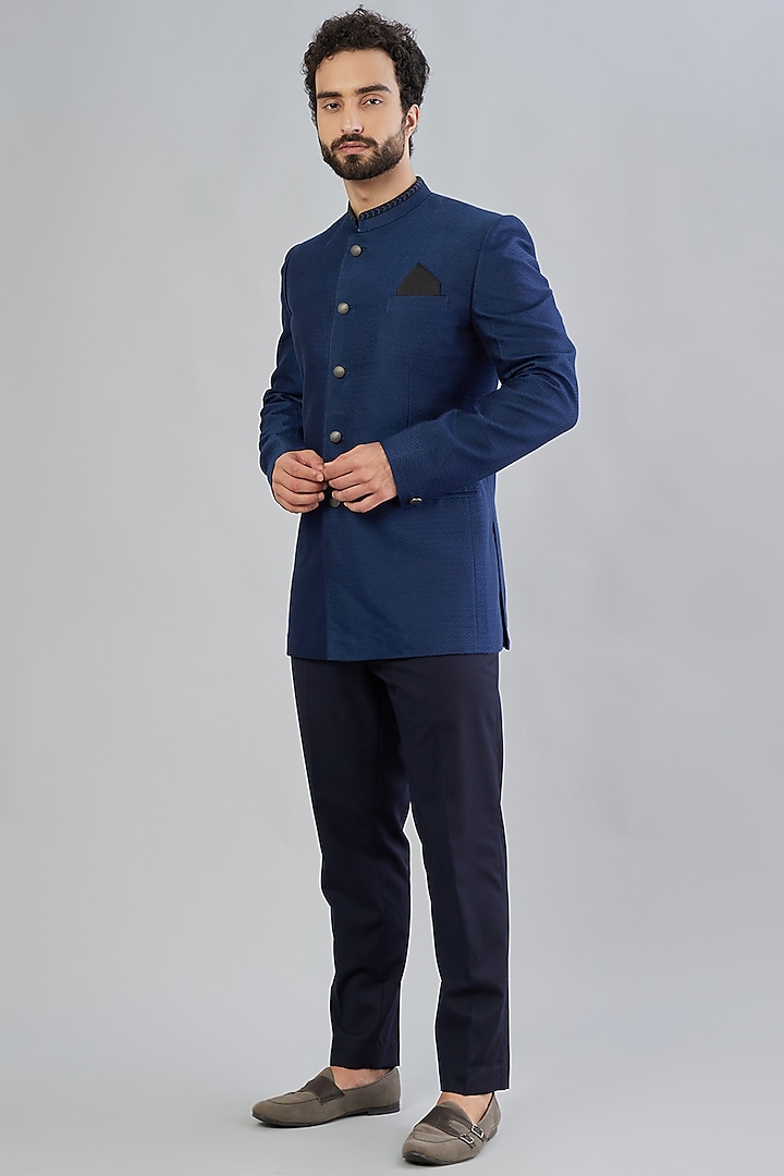 Cobalt Blue Embroidered Bandhgala Jacket by Bubber Couture
