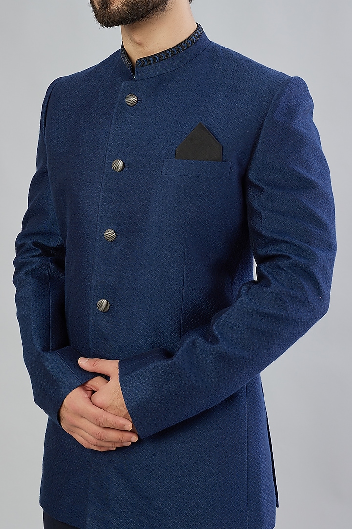 Cobalt Blue Embroidered Wedding Bandhgala Jacket by Bubber Couture at Pernia's Pop Up Shop