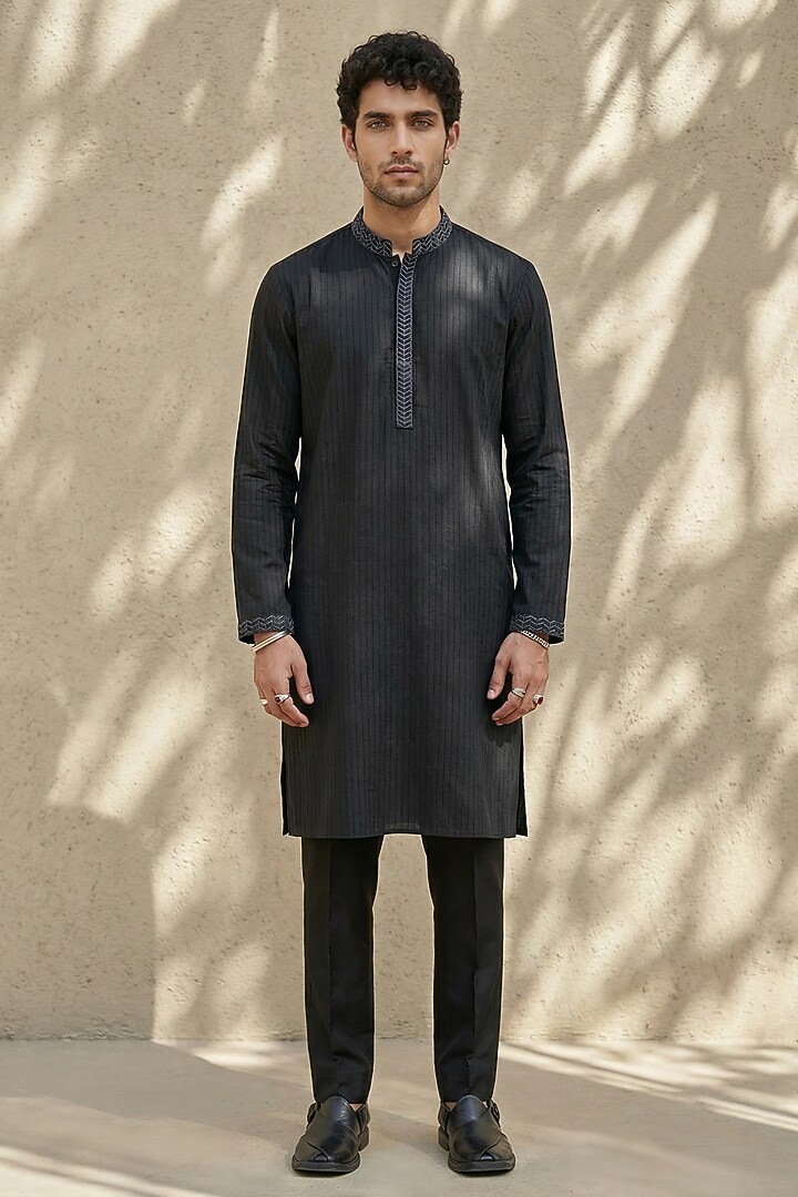 Black Cotton Silk Embroidered Kurta Set by Bubber Couture at Pernia's Pop Up Shop