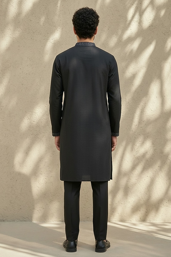 Black Cotton Silk Embroidered Kurta Set by Bubber Couture at Pernia's Pop Up Shop