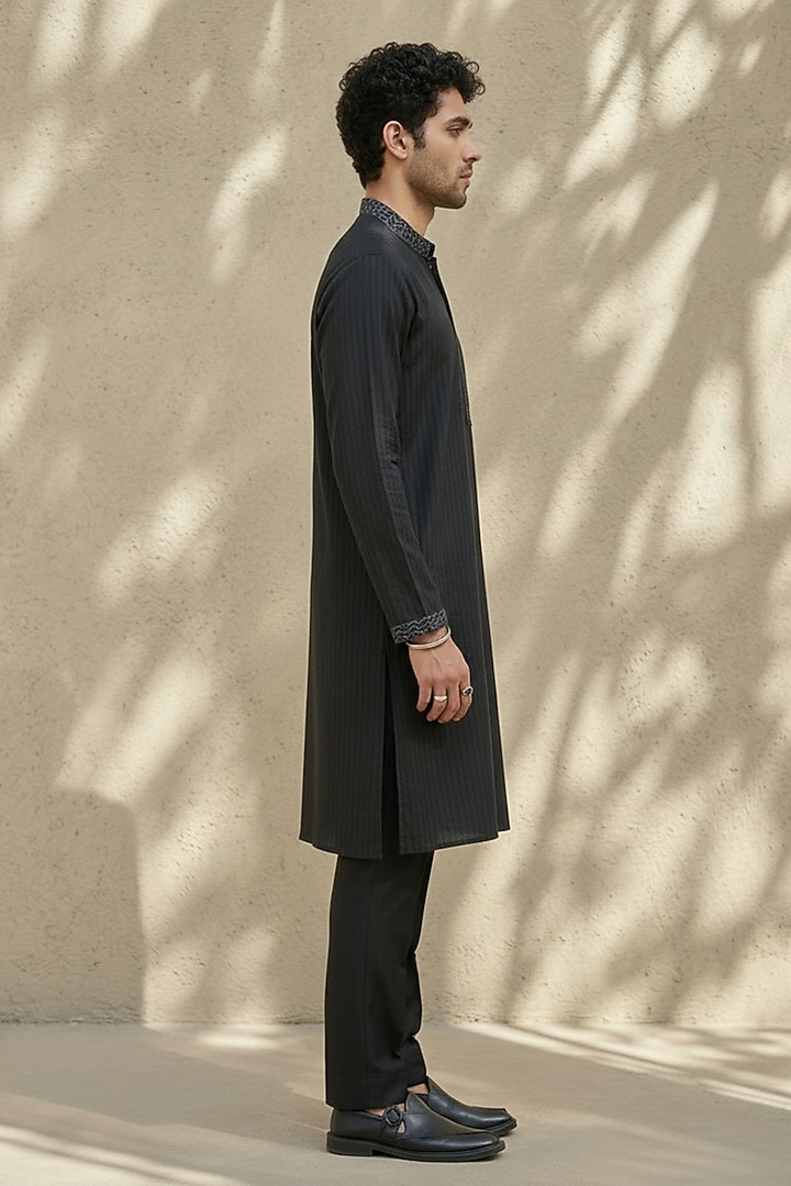 Black Cotton Silk Embroidered Kurta Set by Bubber Couture at Pernia's Pop Up Shop