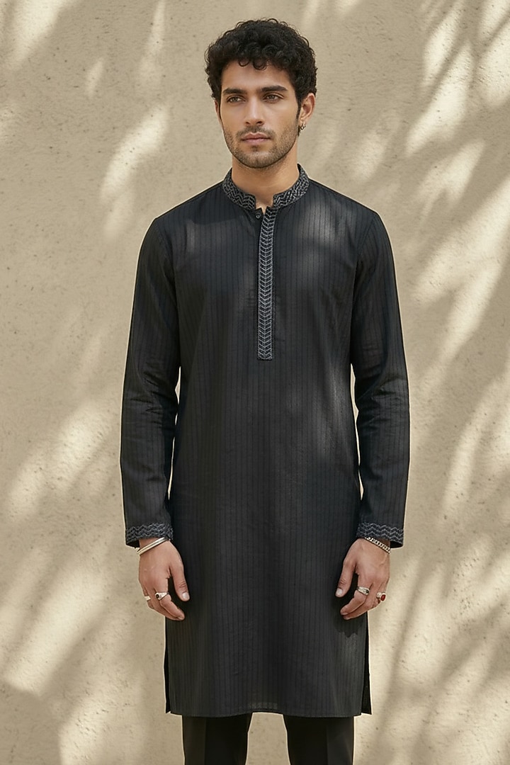 Black Cotton Silk Embroidered Kurta Set by Bubber Couture at Pernia's Pop Up Shop