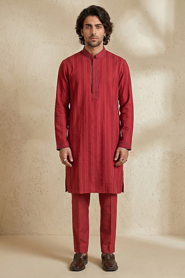 Maroon Cotton Striped Kurta Set by Bubber Couture at Pernia's Pop Up Shop
