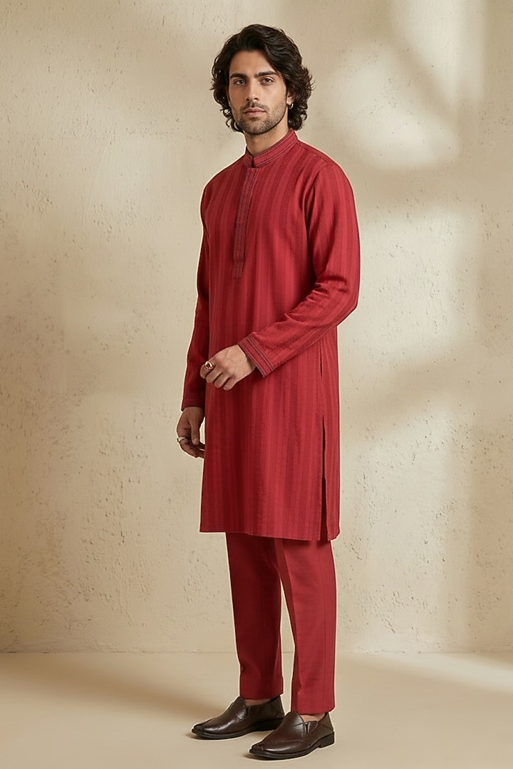 Maroon Cotton Striped Kurta Set by Bubber Couture at Pernia's Pop Up Shop