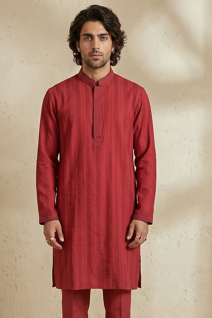 Maroon Cotton Striped Kurta Set by Bubber Couture at Pernia's Pop Up Shop