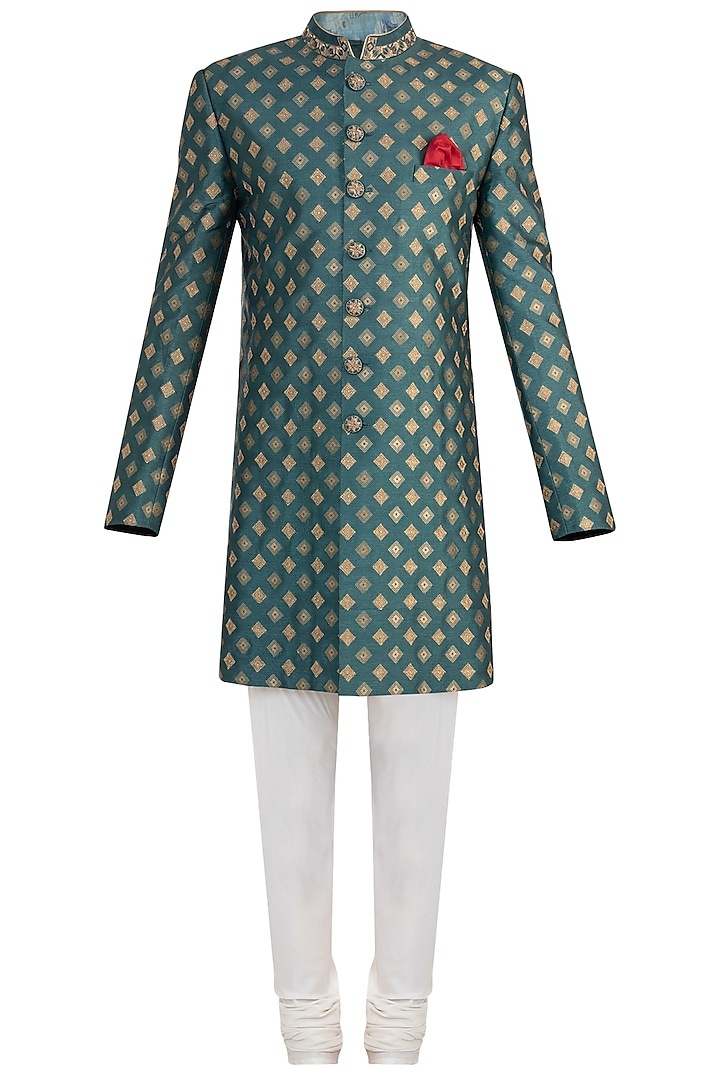 Jade Green Embroidered Sherwani by Bubber Couture
