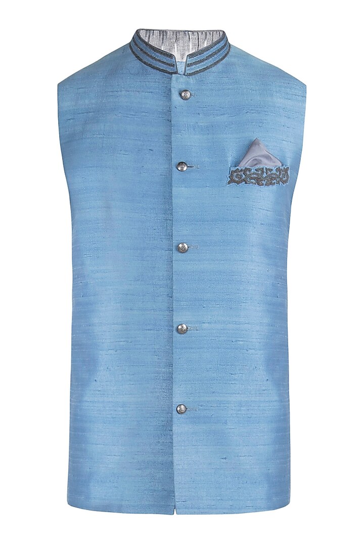 Ash blue embroidered bundi jacket by Bubber Couture