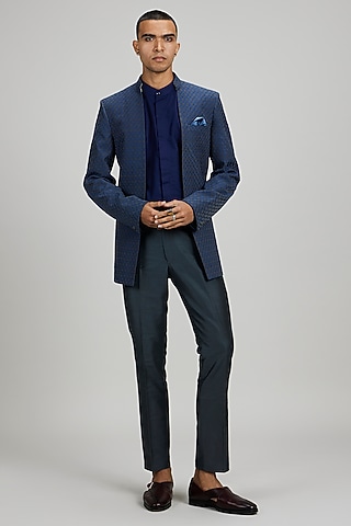 Charcoal & Teal Crepe Wool Embroidered Bandhgala Jacket by Bubber Couture