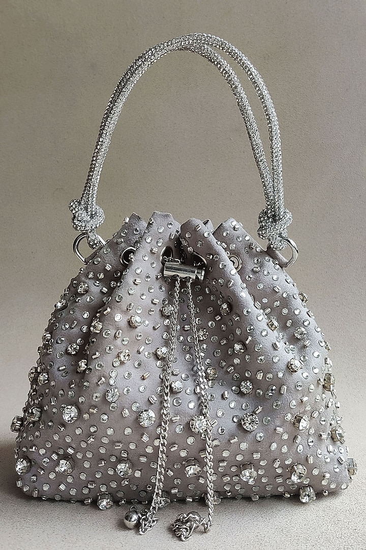 Silver Hand Embellished Bucket Bag by PLODE