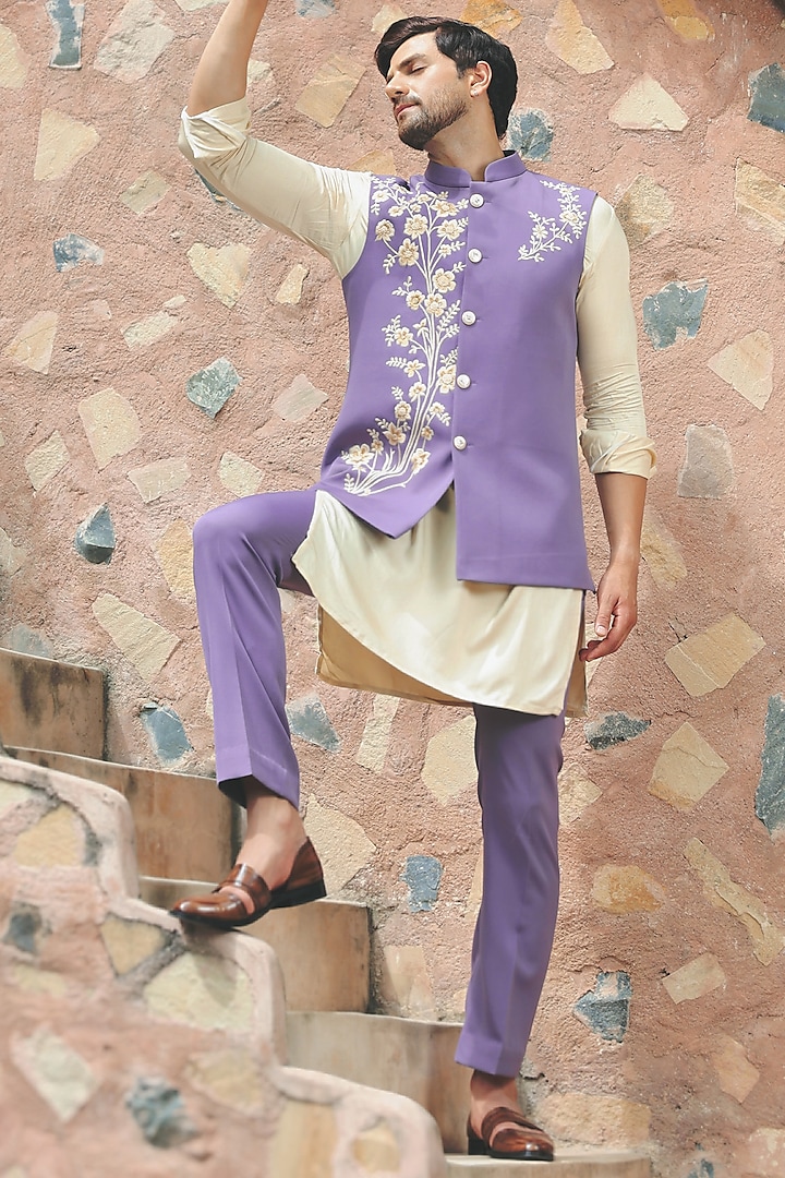 Lilac Crepe Blend Floral Embroidered Nehru Jacket Set by Bhavya Bhasin