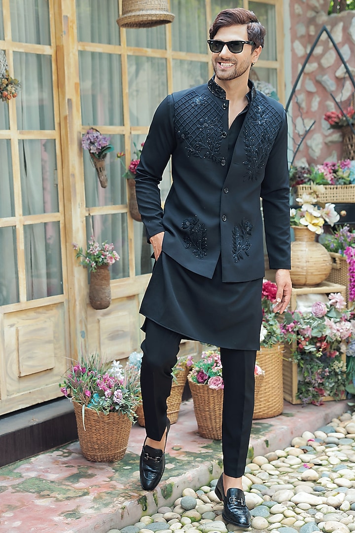 Black Crepe Blend Hand Embroidered Nehru Jacket Set by Bhavya Bhasin at Pernia's Pop Up Shop