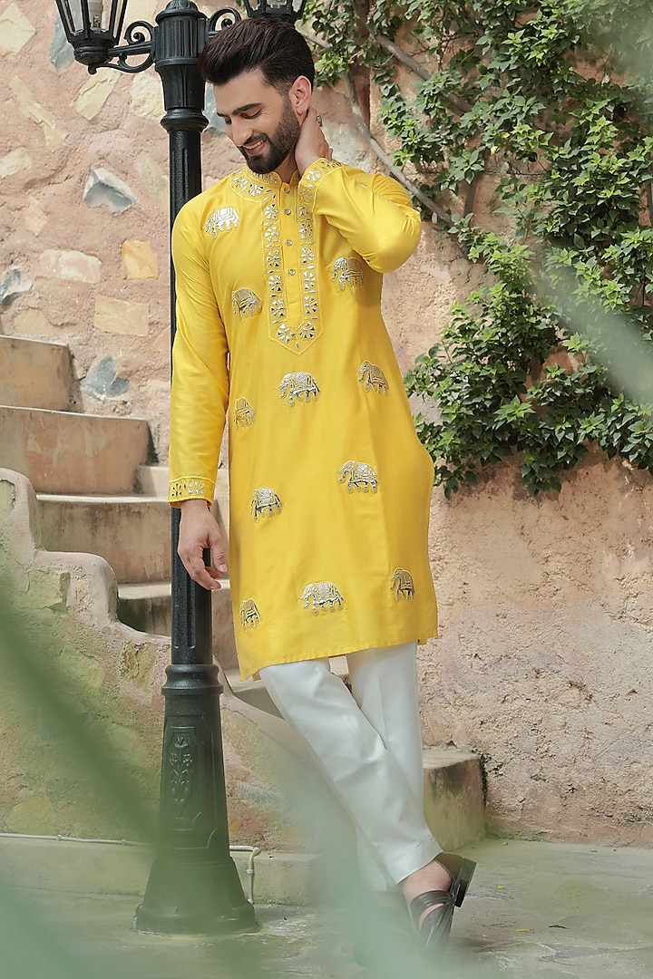 Yellow Cotton Silk Leather Embroidered Kurta Set by Bhavya Bhasin