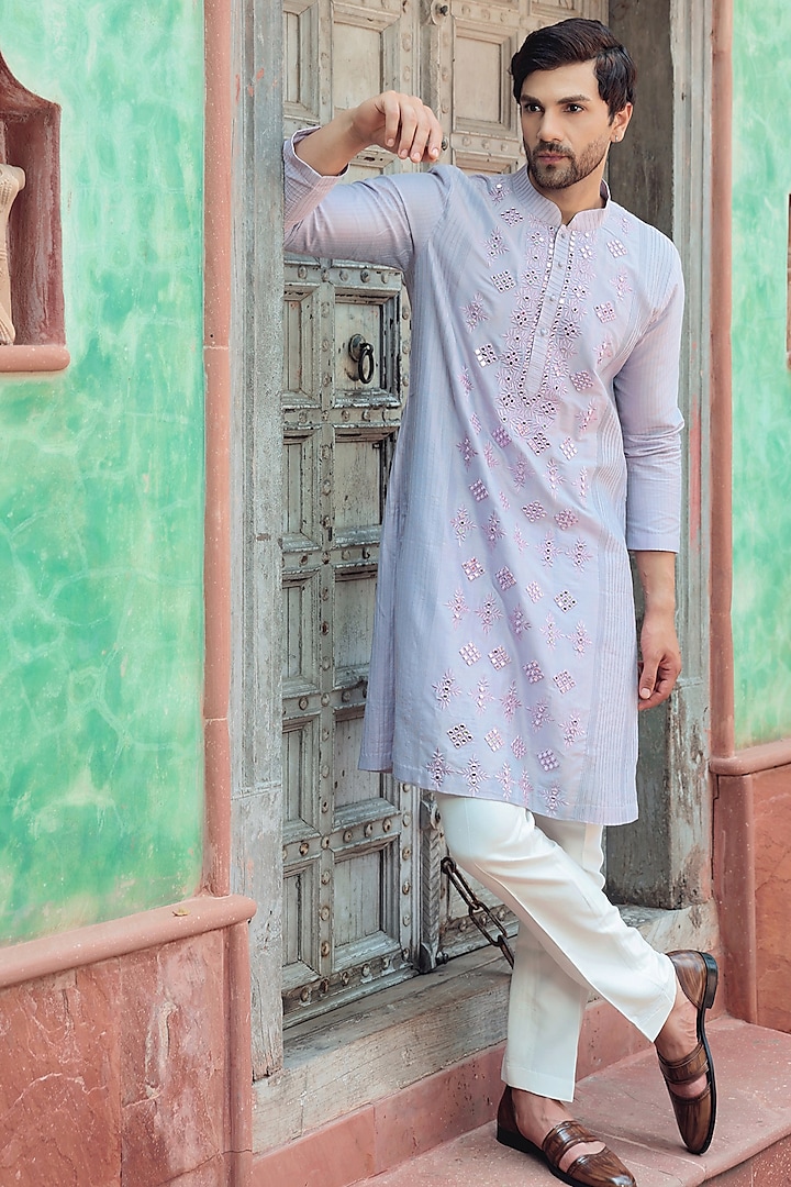 Lavender Cotton Silk Mirror Embellished Kurta Set by Bhavya Bhasin