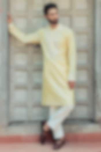 Lemon Yellow Cotton Silk Mirror Embroidered Kurta Set by Bhavya Bhasin