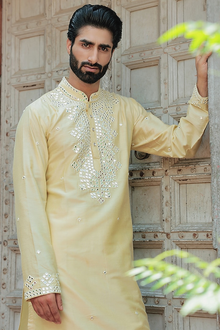 Lemon Yellow Cotton Silk Mirror Embroidered Kurta Set by Bhavya Bhasin at Pernia's Pop Up Shop
