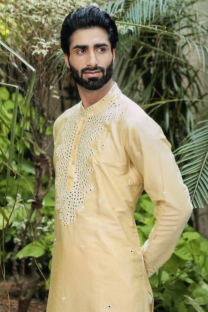 Lemon Yellow Cotton Silk Mirror Embroidered Kurta Set by Bhavya Bhasin at Pernia's Pop Up Shop