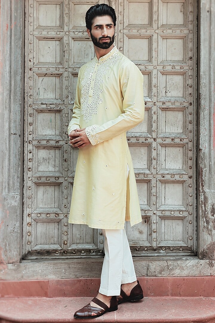 Lemon Yellow Cotton Silk Mirror Embroidered Kurta Set by Bhavya Bhasin at Pernia's Pop Up Shop