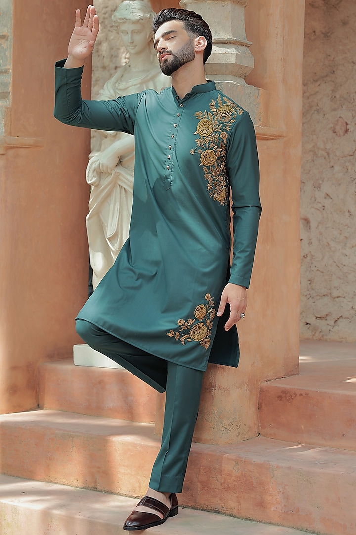 Forest Green Blended 3D Floral Motif Embroidered Kurta Set by Bhavya Bhasin