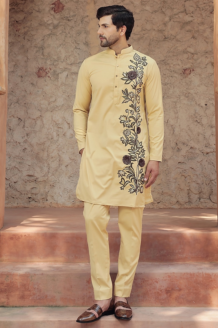 Khaki-Colored Blended 3D Floral Motif Embroidered Kurta Set by Bhavya Bhasin