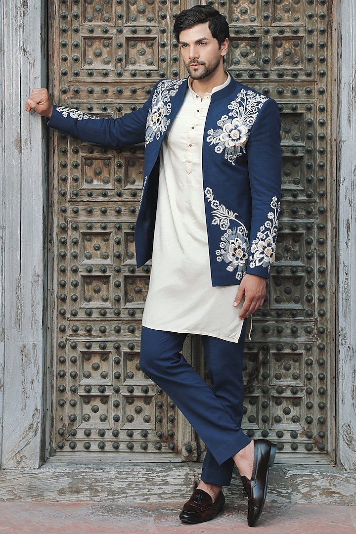 Blue Jute Silk 3D Floral Embroidered Open Jacket Set by Bhavya Bhasin