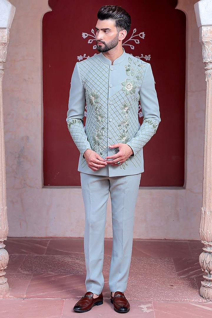 Pista Green Crepe Blend 3D Hand Embroidered Bandhgala Set by Bhavya Bhasin