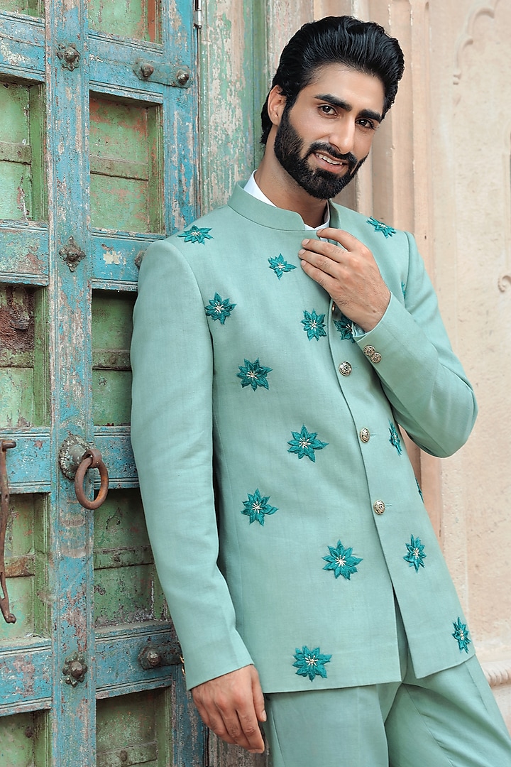 Mint Green Jute Silk Floral Motif Embroidered Bandhgala Set by Bhavya Bhasin at Pernia's Pop Up Shop