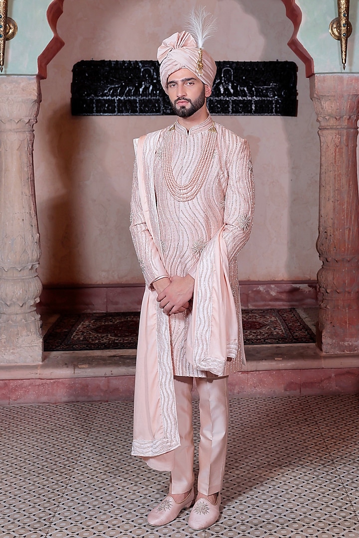 Blush Pink Raw Silk Hand Embroidered Sherwani Set by Bhavya Bhasin